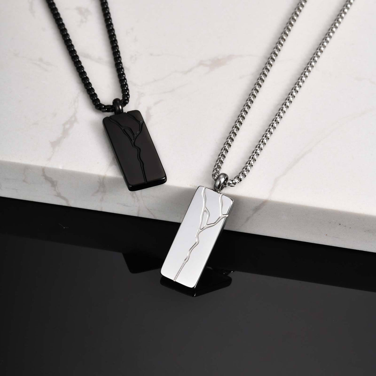 Branch-Line Rectangular Pendant Necklace — Black or Silver