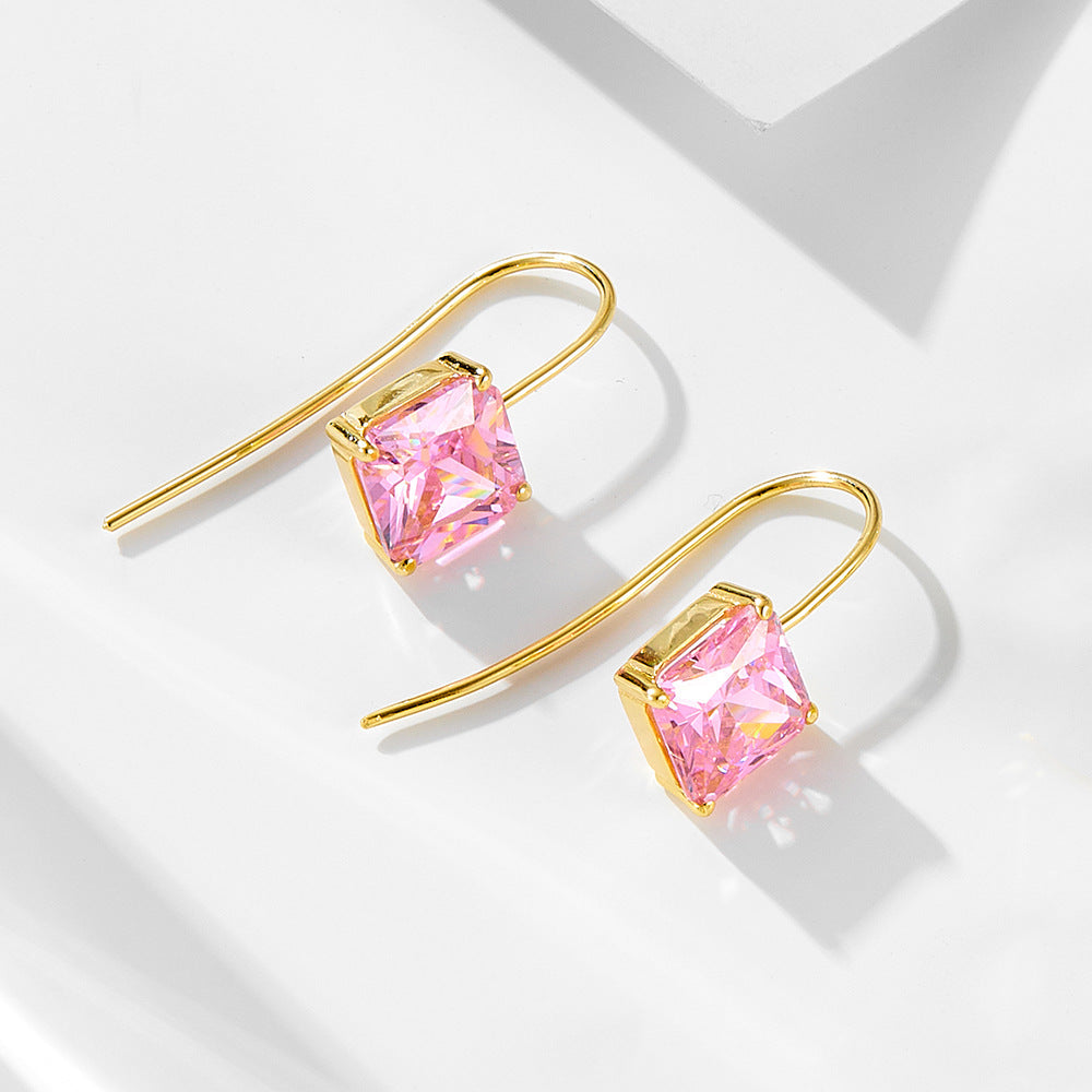 Retro Color Square Zircon Ear Hook Earrings Classic Sterling Silver Earrings