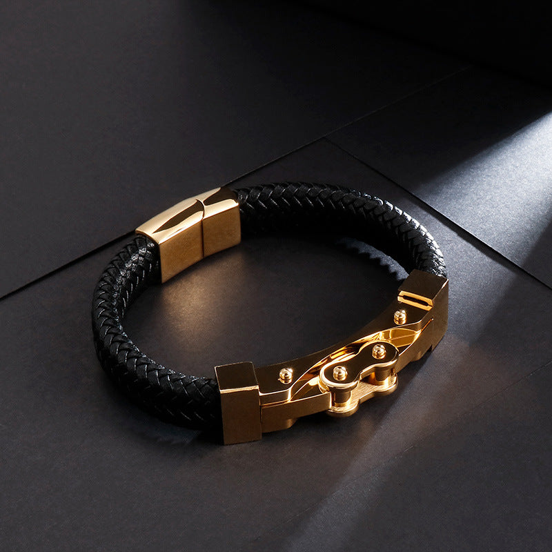 Planderful Men Punk Chain Leather Bracelet Stainless Steel
