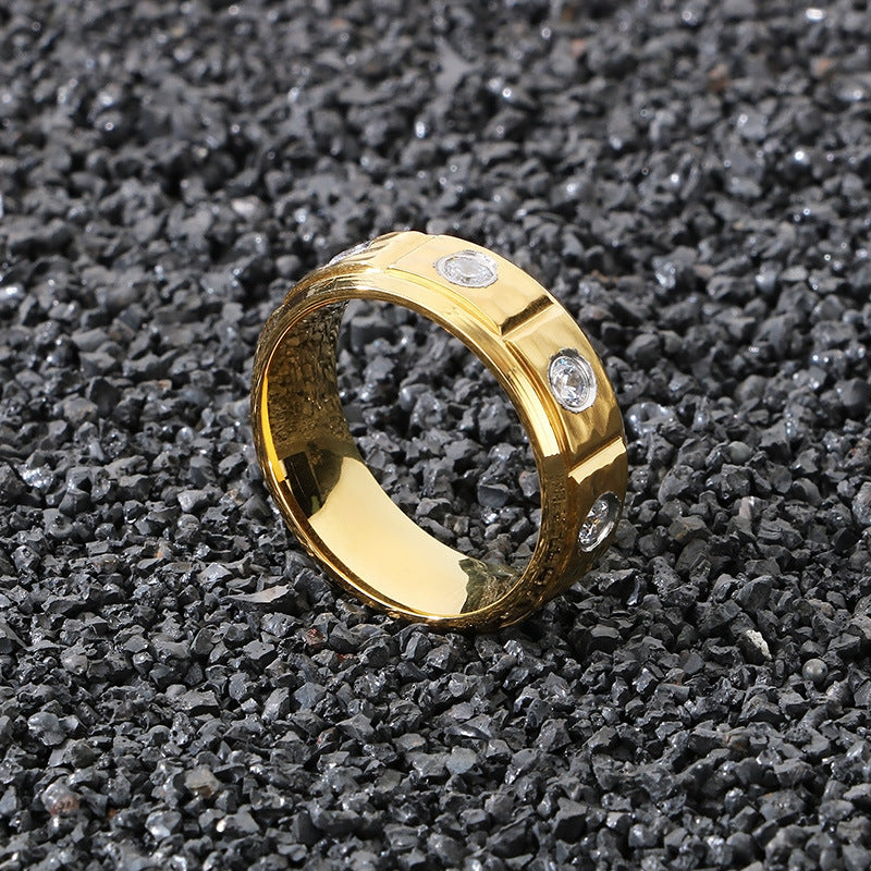 Planderful Mens Titanium Steel Ring Zircon 8mm Hip Hop