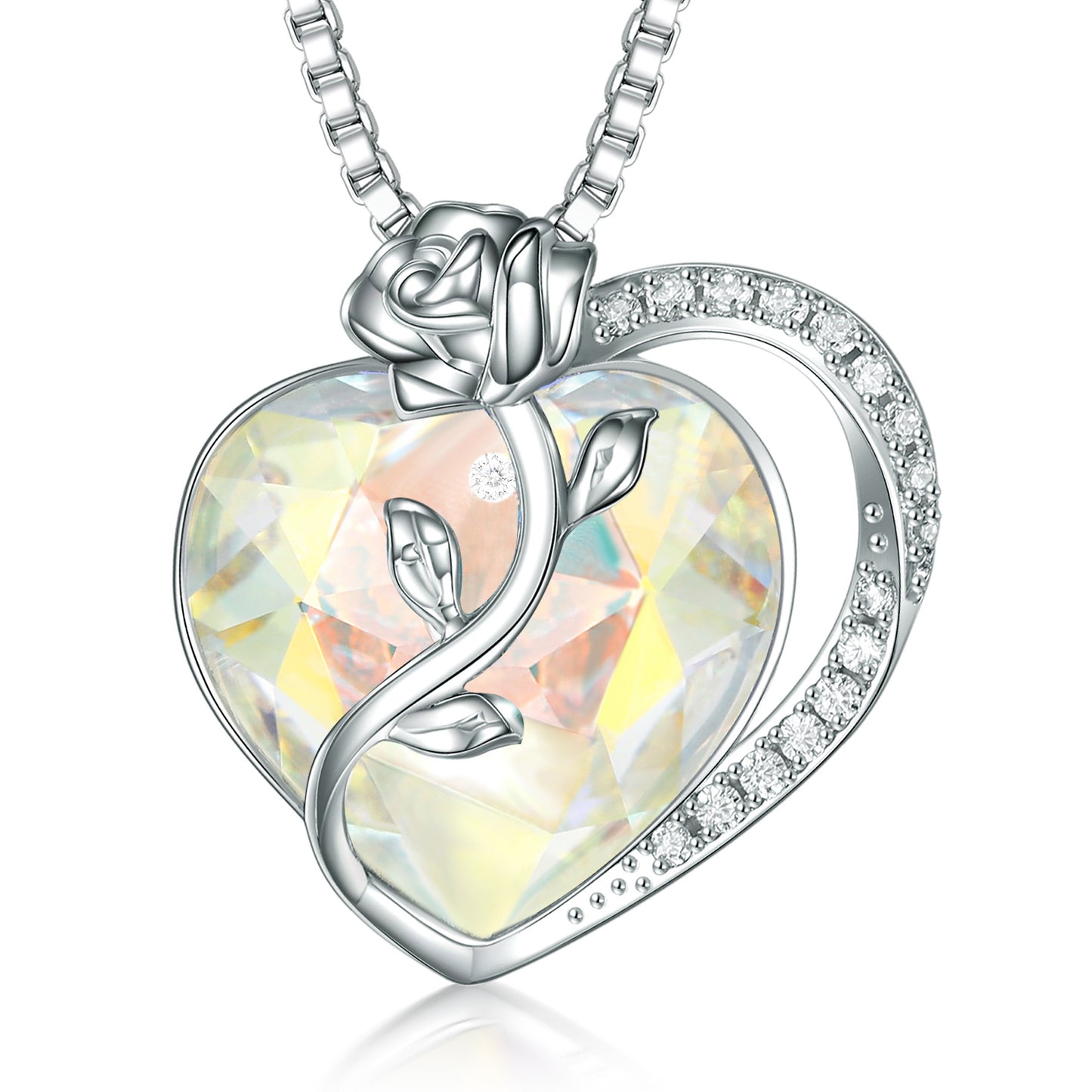 S925 Sterling Silver Rose Love Necklace with Crystal Pendant