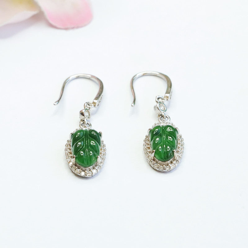 Icy Green Jadeite Leaf Halo 925 Silver Hook Earrings