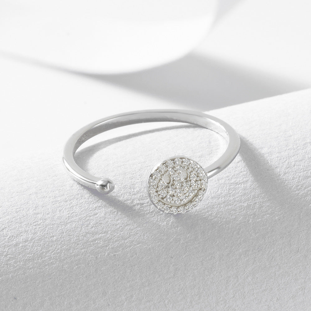 Europe And The United States For Micro-Inlaid Zircon Smiley Face Opening Sterling Silver Ring