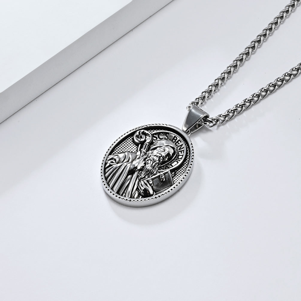 Virgin Mary Titanium Steel Necklace Round Tag Pendant for Men