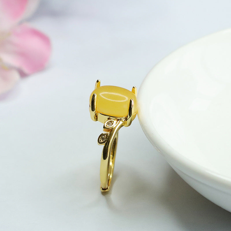 Honey Amber Zircon Leaf Sterling Silver Ring