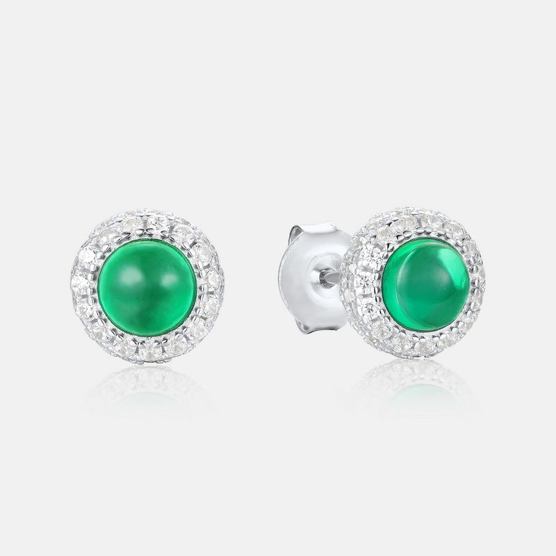 S925 Sterling Silver Lab-Grown Emerald Round Stud Earrings
