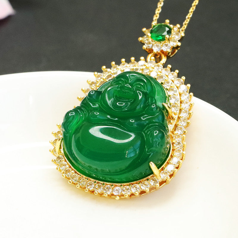 Green Chalcedony Buddha Pendant Sterling Silver Necklace with Zircon Accents