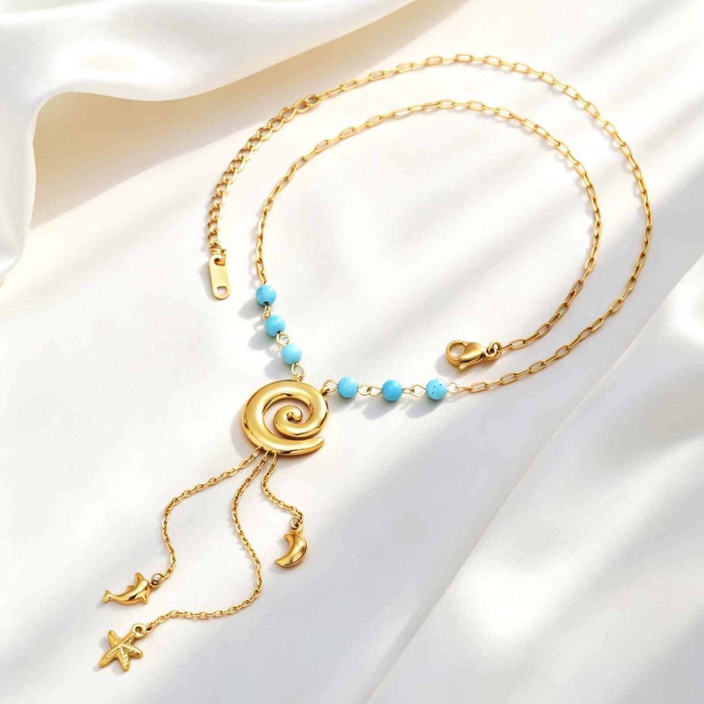 Summer Ocean Wind Stainless Steel Rectangular Chain Imitation Pearl Ocean Shell Fringed Necklace