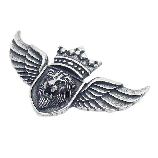 Steel Necklace - Vintage Winged Lion Head Crown Pendant For Bold Everyday Wear And Collectible Style