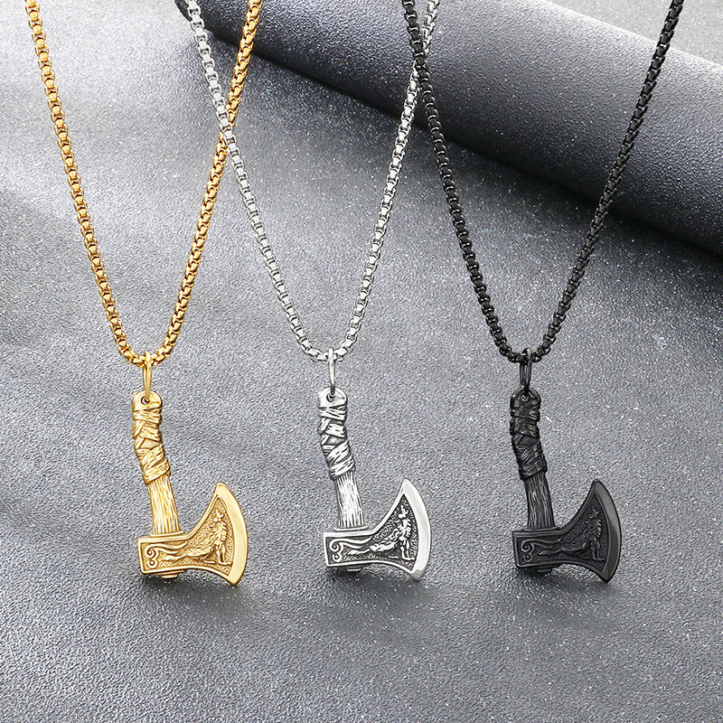Nordic Viking Wolf Pattern Battle Axe Pendant – Punk Style Axe Amulet Titanium Steel Necklace