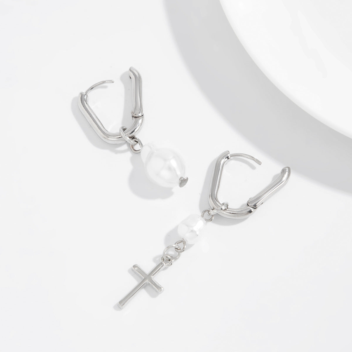 Planderful Pearl Fringed Earrings With Chain Rivet Cross Accent For Fashion Forward Women Statement Ear Jewelry