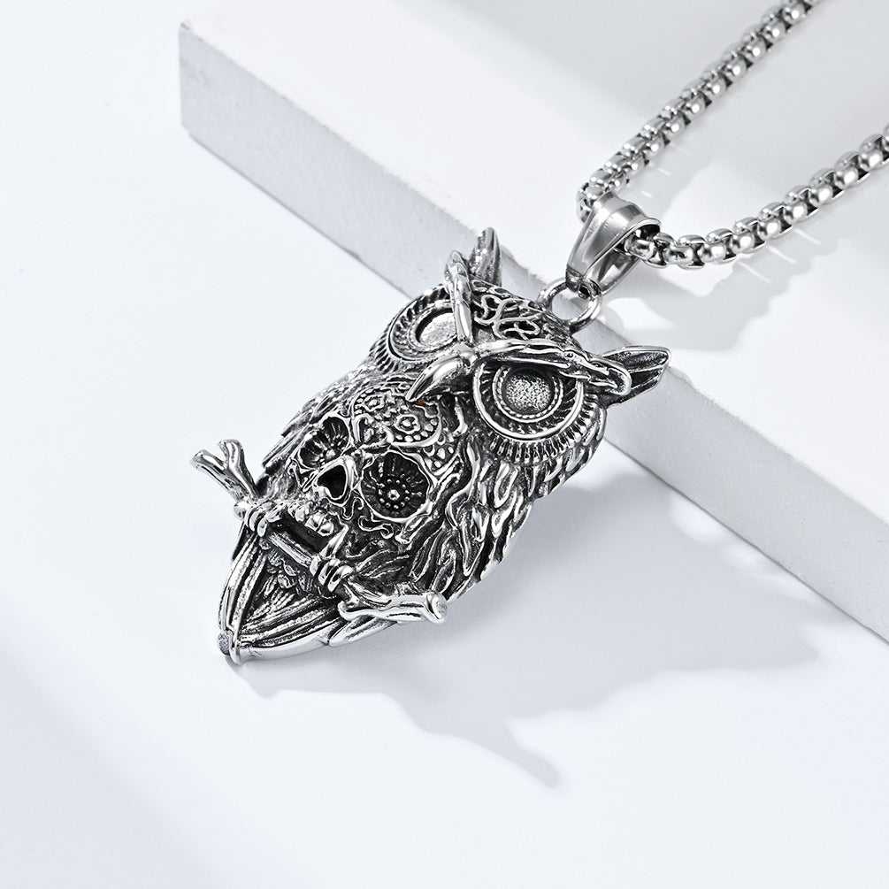 Cross-Border E-Commerce Punk Style Jewelry Titanium Steel Owl Skull Necklace