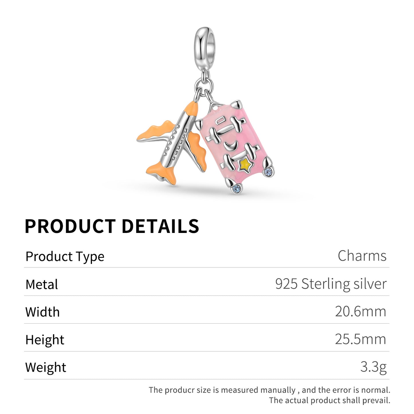 Planderful Jewelry Sterling Silver Pendant Travel Luggage Beaded Necklace For Everyday Wear