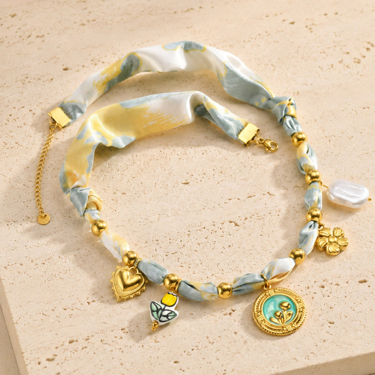 Women's Silk Scarf Necklace Stainless Steel Gold Heart-Shaped Lock Ceramic Silk Scarf