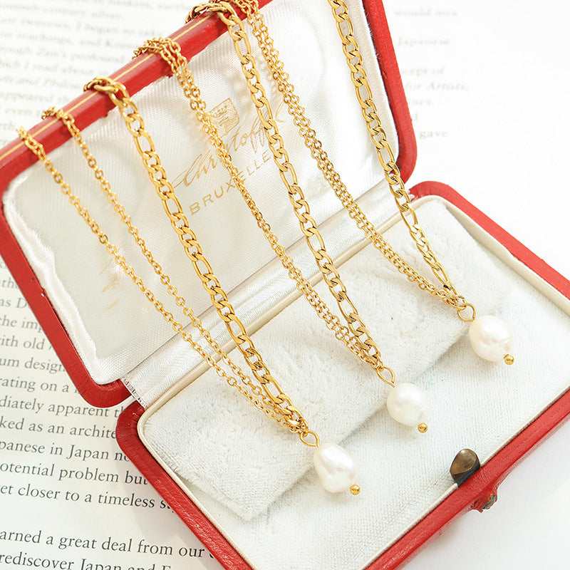 Spicy Girl Freshwater Pearl Necklace with Double Chain - Elegant 18K Gold-Plated Collarbone Neckchain