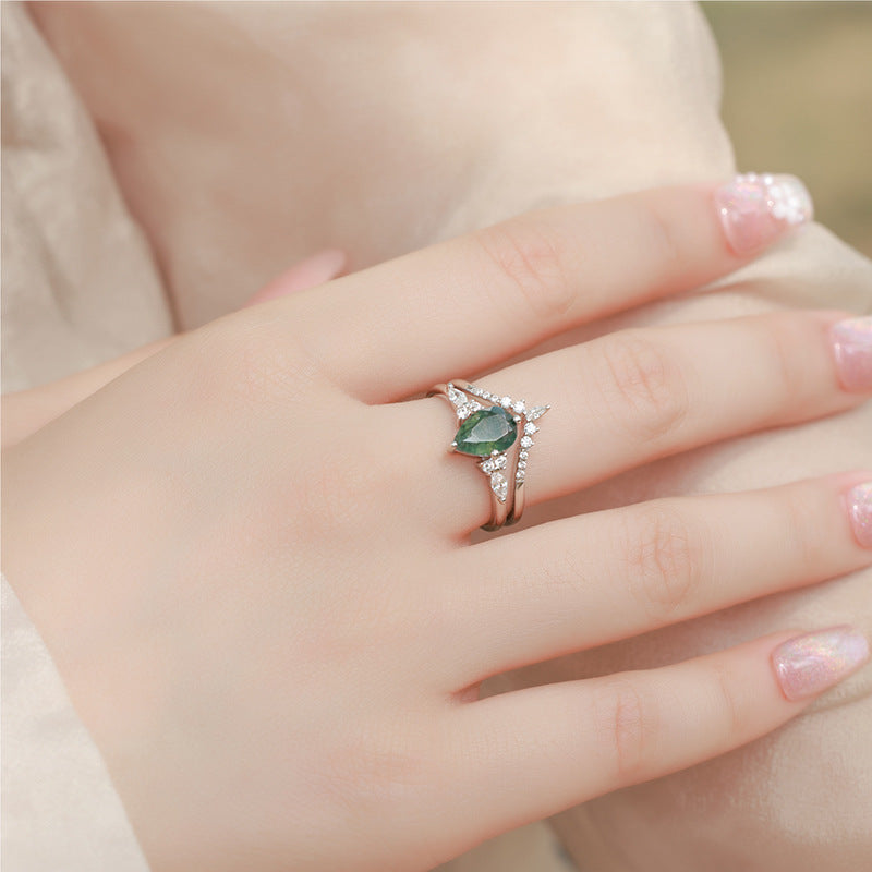 Planderful Jewelry Green Moss Agate Water Drop Ring In Sterling Silver V Shape For Elegant Stacking Set