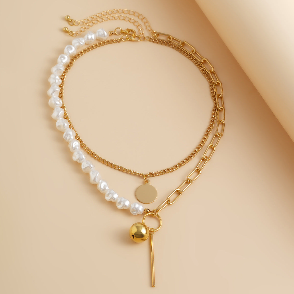 Geometric Pearl-Style Layered Pendant Necklace