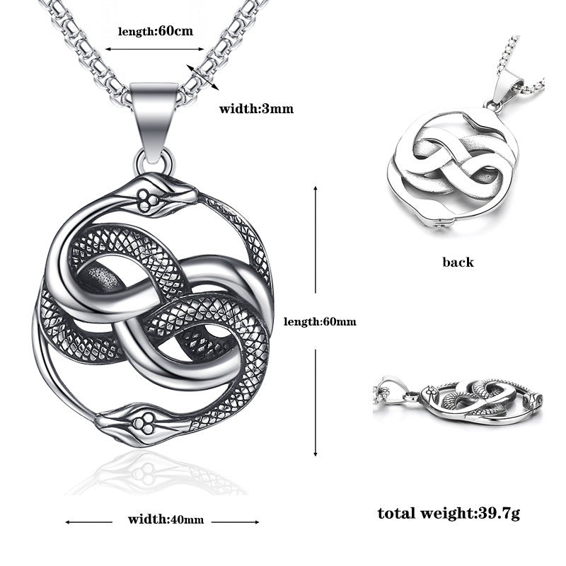 Steel Necklace - Vintage Double Snake Pendant For Men