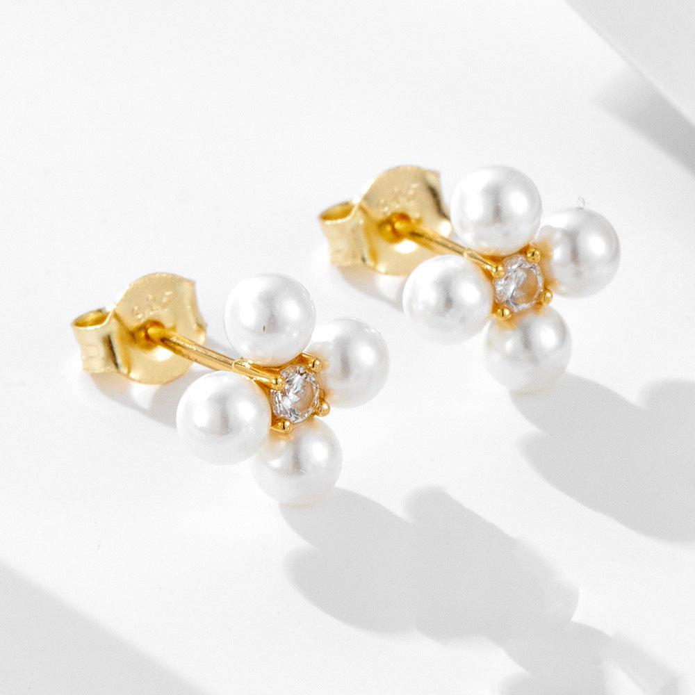 S925 Sterling Silver Zircon Pearl Earrings Korean Bead Zircon Four-Leaf Combination Stud Earrings