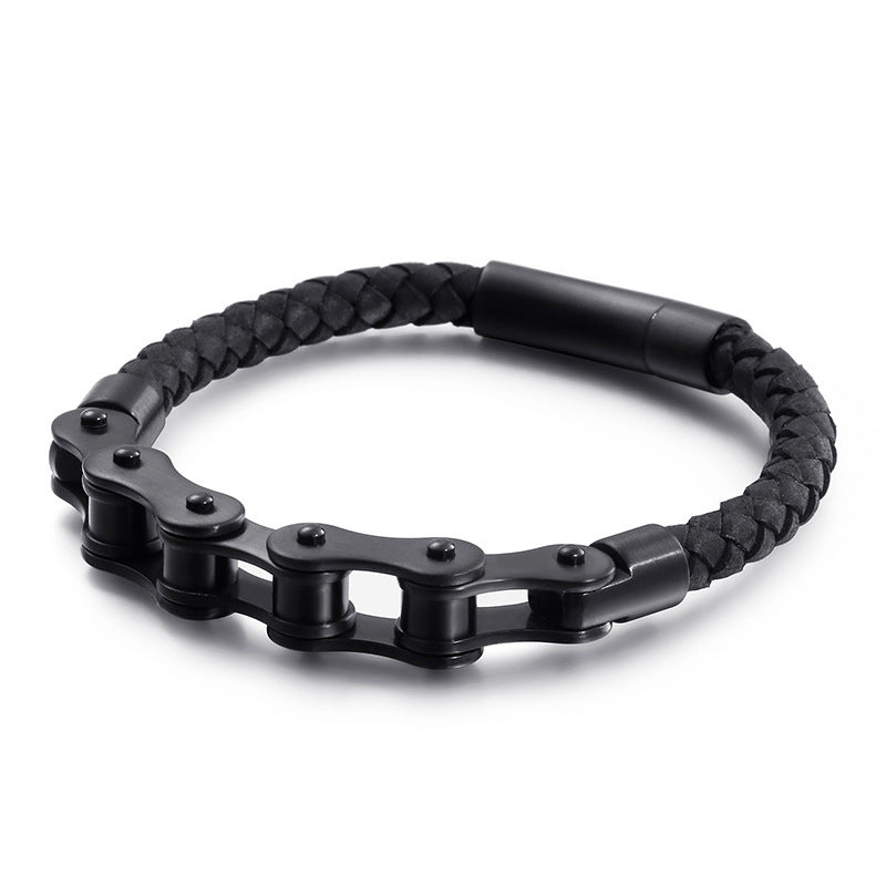 Cool Men's Stainless Steel Bicycle Chain Leather Bracelet – Locomotive Chain Cowhide