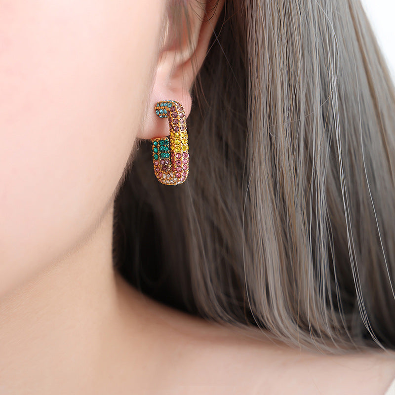 Vibrant Geometric G-Shaped Titanium Steel Earrings with Multi-Color Zircon Inlay