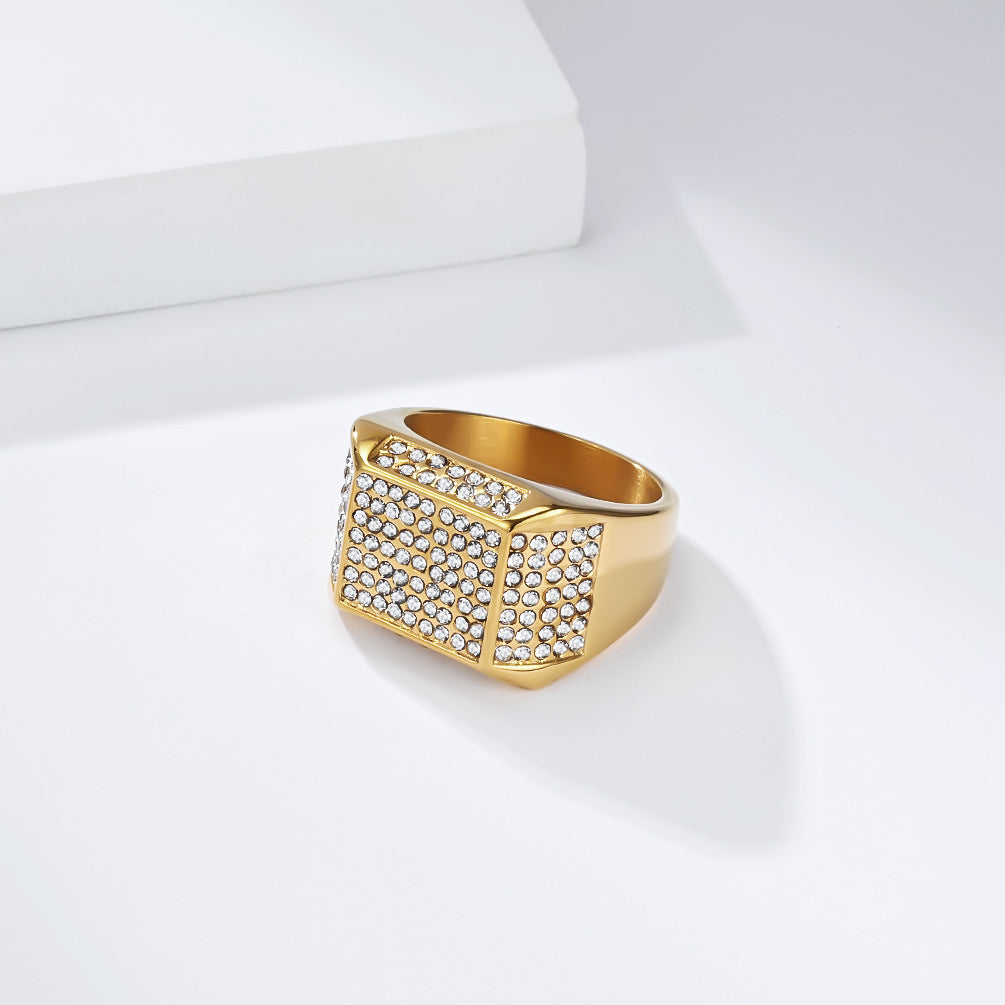 Planderful Hip Hop Ring Zircon Luxury Titanium Steel Gold Plated For Men Bold Statement Accessory