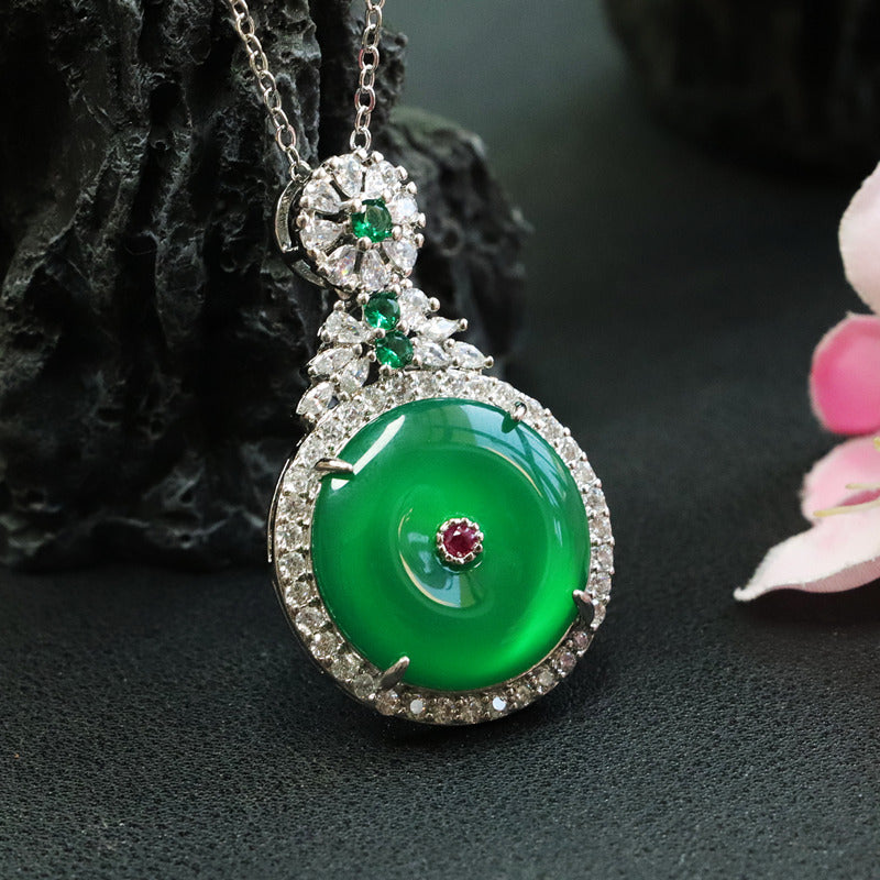 Green Chalcedony Fortune's Favor Sterling Silver Necklace with Zircon Pendant