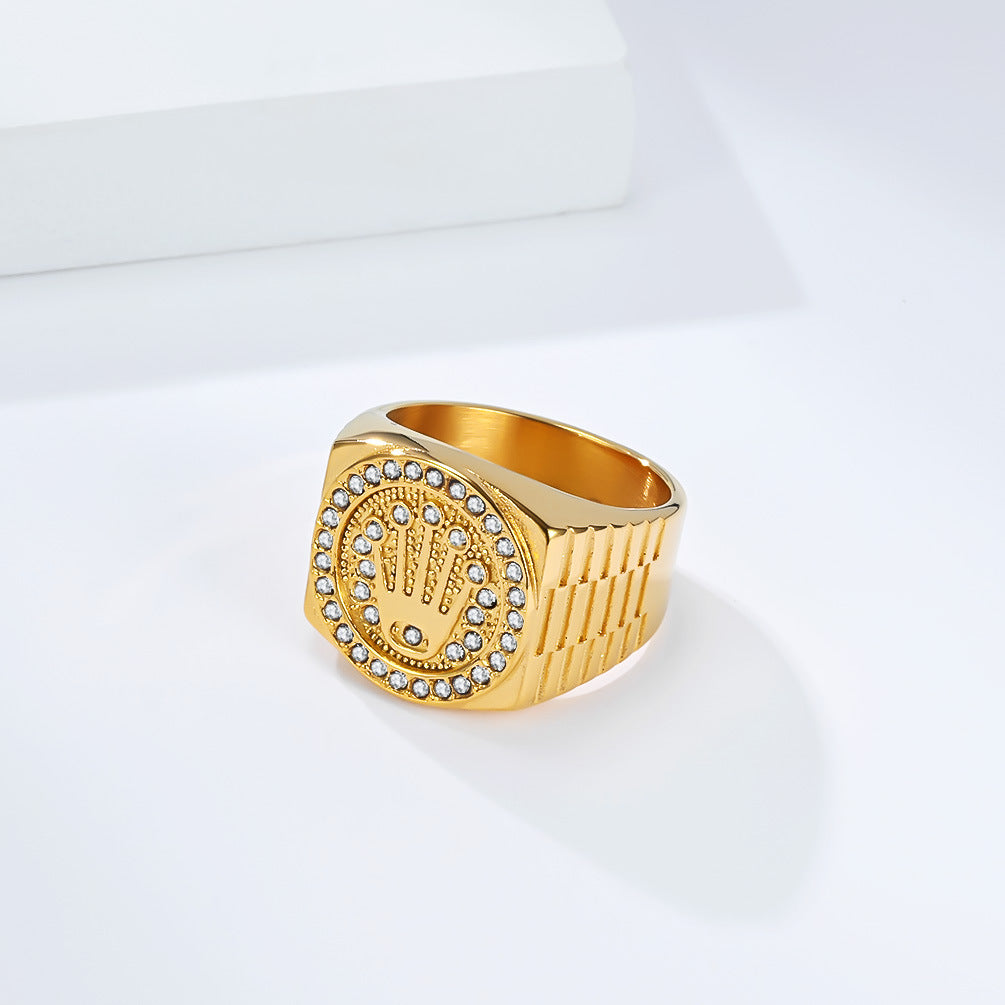 Planderful Titanium Steel Crown Ring For Men With Full Zircon Trendy Nightclub Hip Hop Accessory
