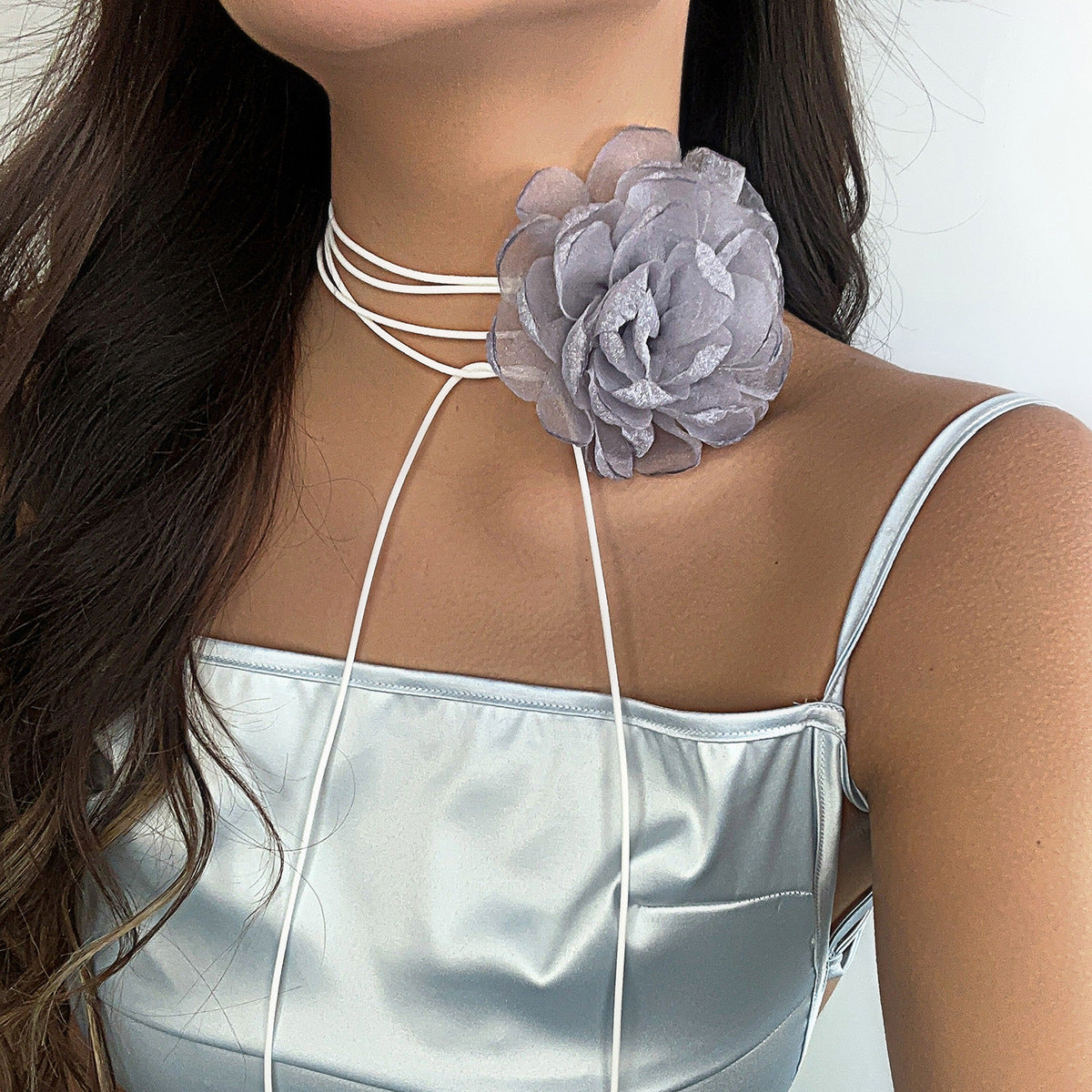 Exquisite Handmade Mesh Flower Choker Necklace with Custom Ribbon Closure, Large Blossom, High-Quality Imported Jewelry