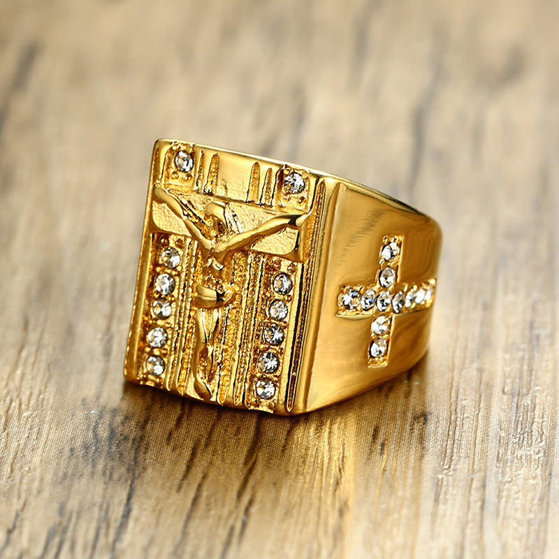 Men Rings Ring Titanium Steel Rhinestone Cross Gold Ring