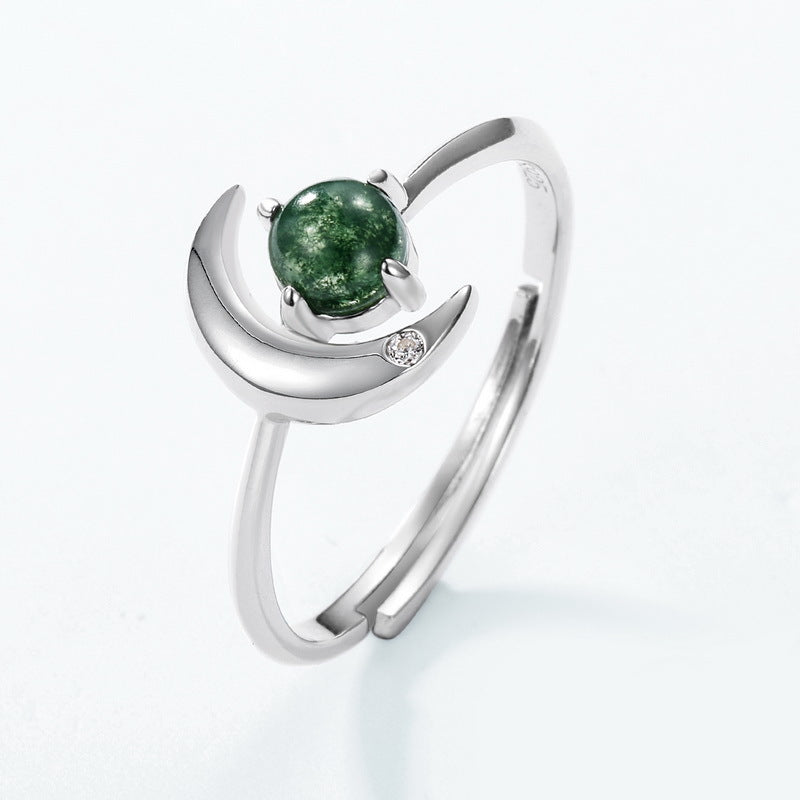 S925 Sterling Silver Moss Agate Star & Moon Ring