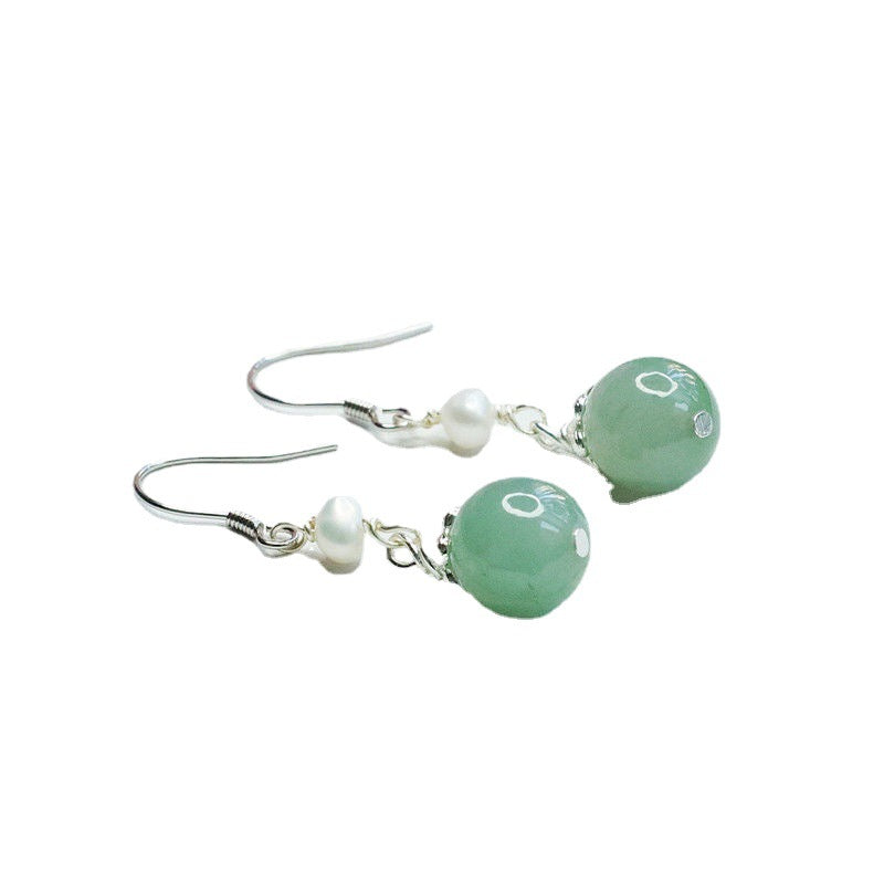 925 Sterling Silver Jadeite & Pearl Hook Earrings
