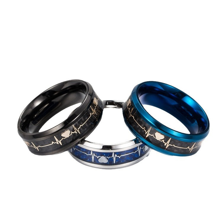 Stainless Steel Electrocardiogram Carbon Fiber Ring – Heartbeat Men's – Men's