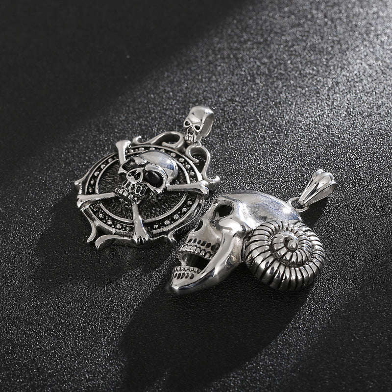 Men's Exaggerated Pirate Skull Pendant in Stainless Steel with Sheep Horn Design