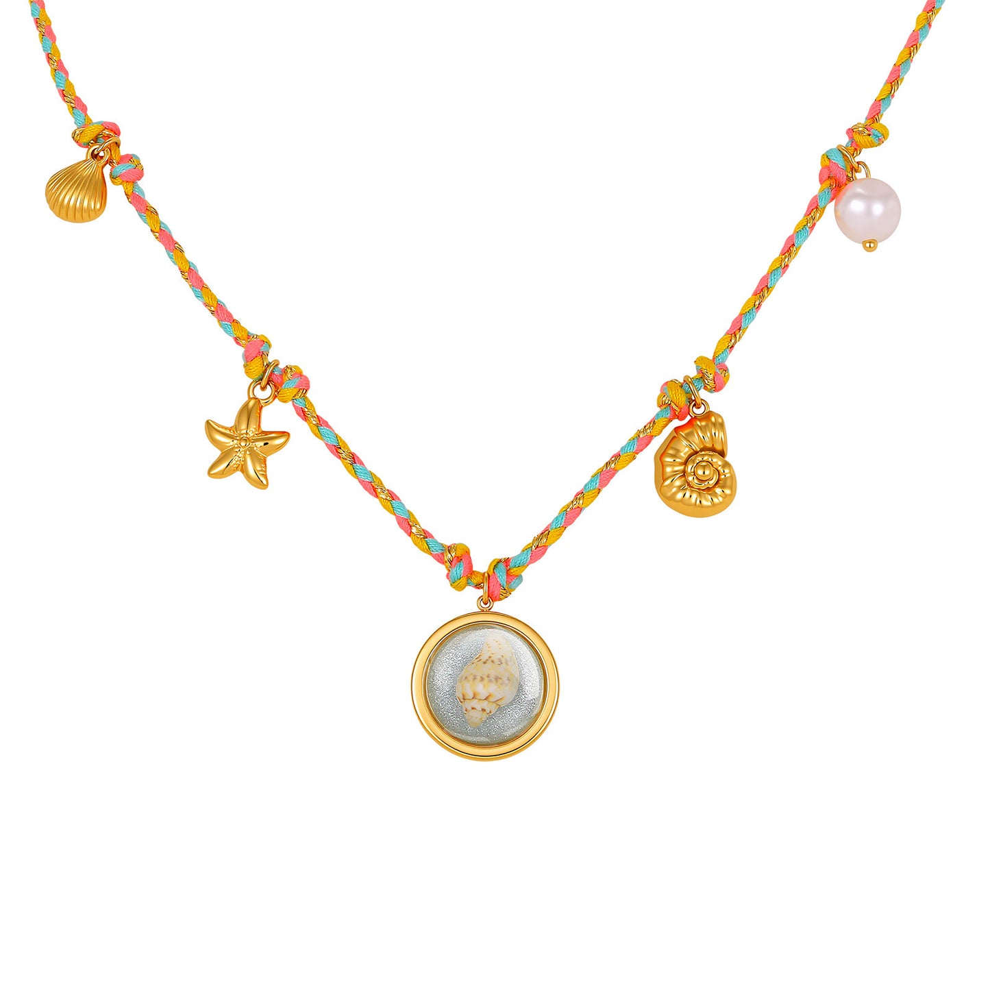 Colorful & Fun Color Braided Rope Stainless Steel Resin Ocean Shell Conch Necklace