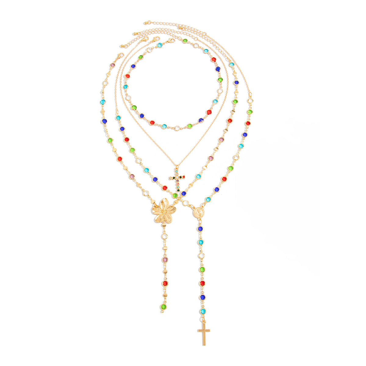 Flower, Crystal & Cross Fringe Necklace