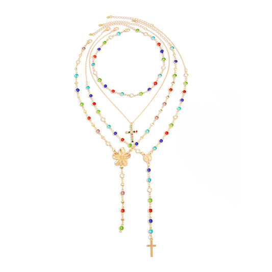 Flower, Crystal & Cross Fringe Necklace