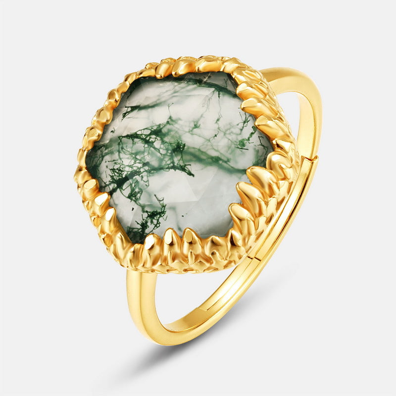 Planderful Jewelry Geometric Green Moss Agate Ring In Sterling Silver Gold Plated Adjustable