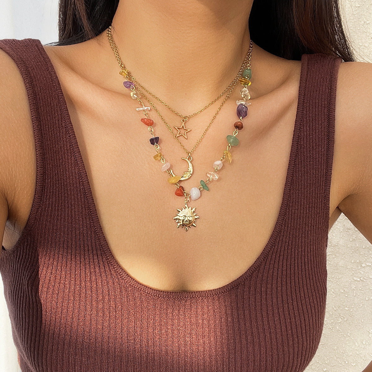 Mint Mambo Wind Vacation Wind Irregular Gravel Necklace Moon Sun Pendant Stacked
