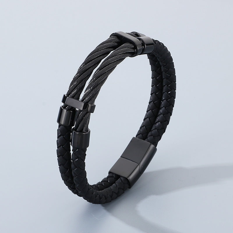 Business Style Black Double Leather Rope Leather Bracelet Layered Stainless Steel
