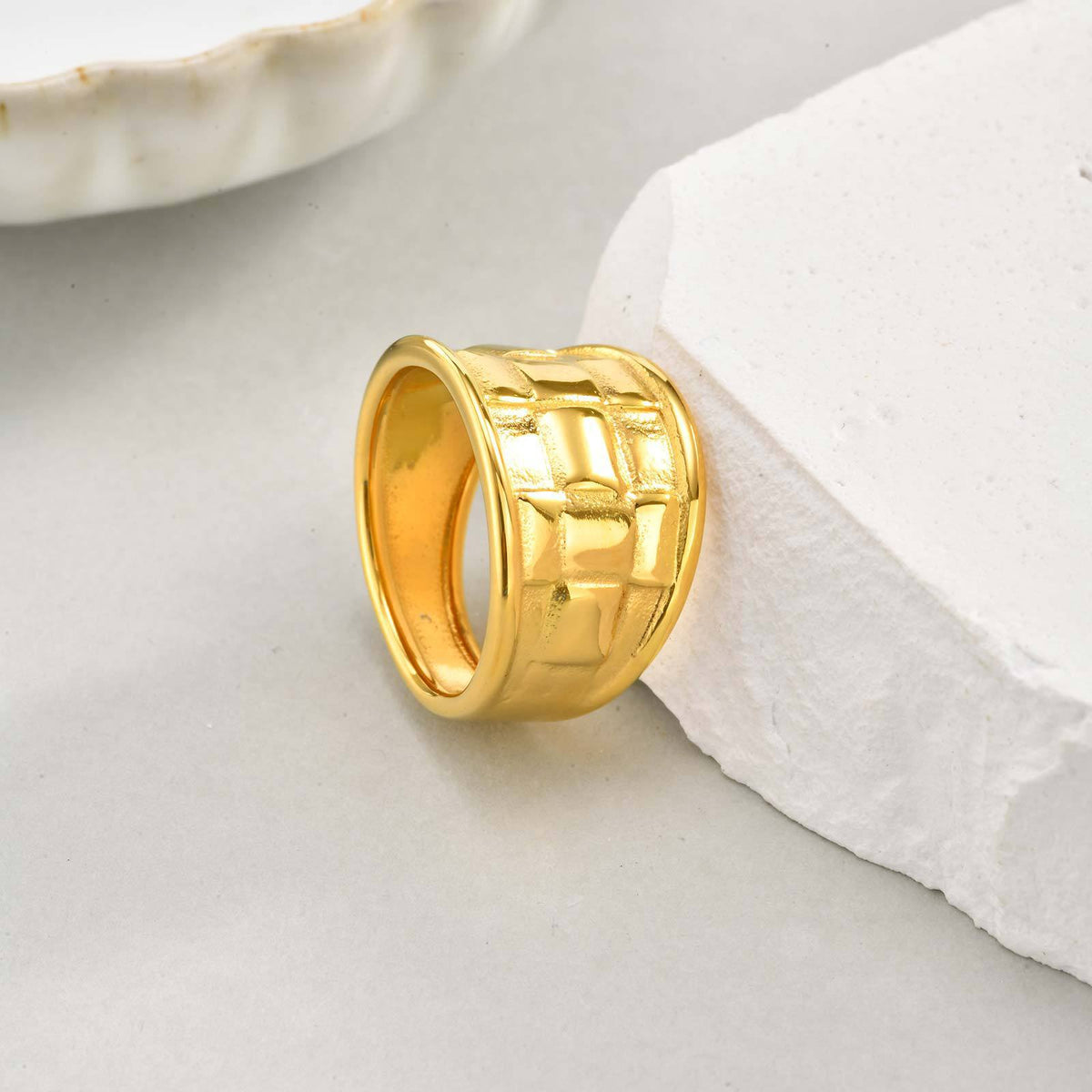 Stainless Steel Gold-Plated Checkered Woven Ring Women's