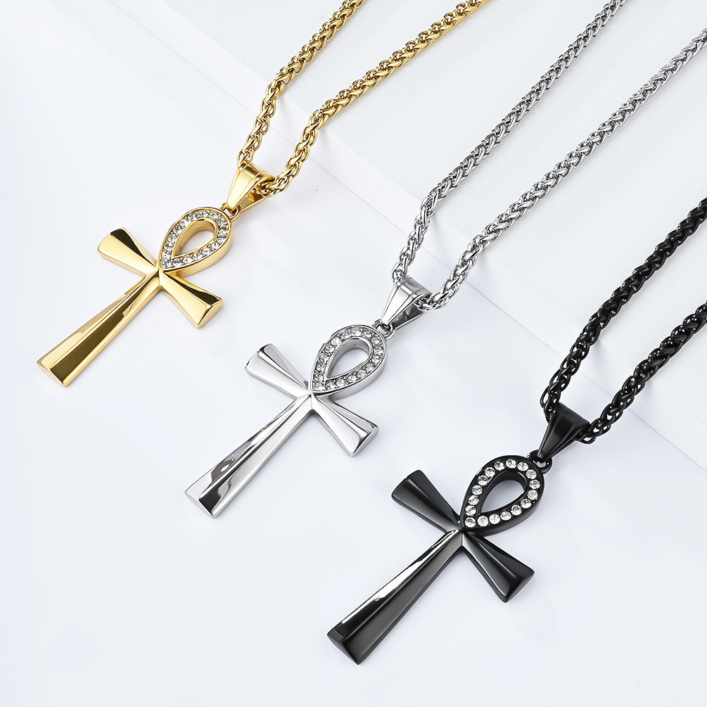 Planderful Ankh Zircon Cross Necklace For Men Titanium Steel Pendant With Inlaid Zircon Stones