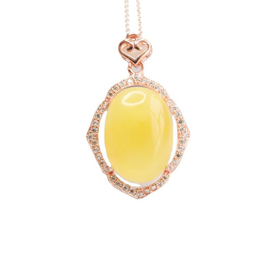 Yellow Amber Beeswax Sterling Silver Necklace with Zircon Rose Gold Accent
