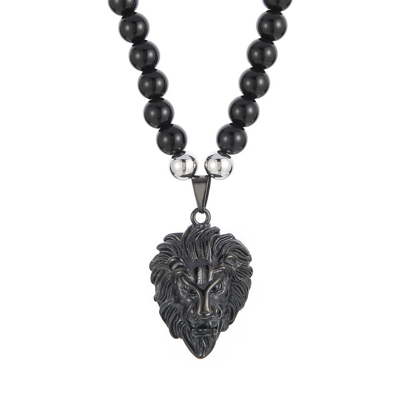 Retro Stainless Steel Men's Necklace with Black Agate Buddha Bead and Vacuum Electroplated Lion Head Pendant