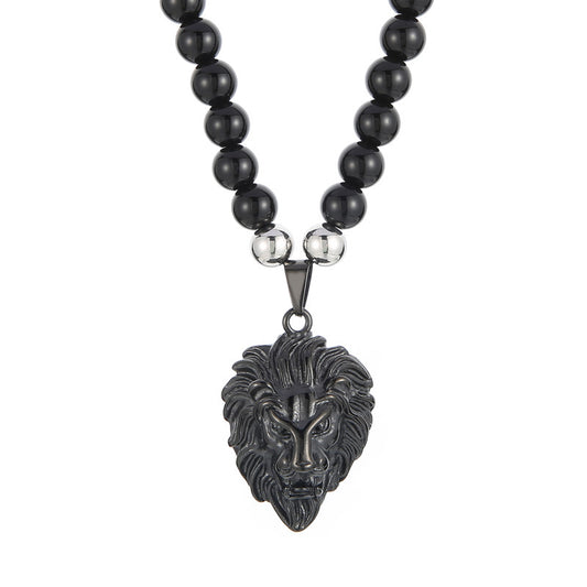 Retro Stainless Steel Men's Necklace with Black Agate Buddha Bead and Vacuum Electroplated Lion Head Pendant