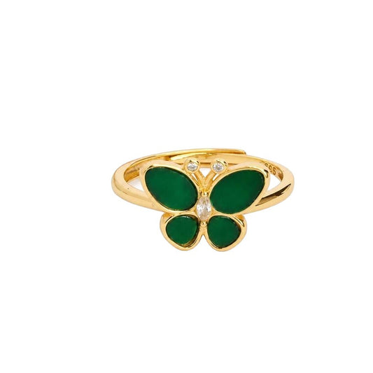 Green Jadeite Butterfly 925 Silver Ring