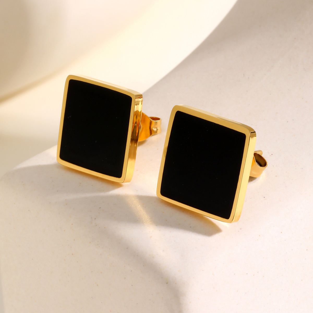 Gold-Tone Black Square Stainless Steel Stud Earrings