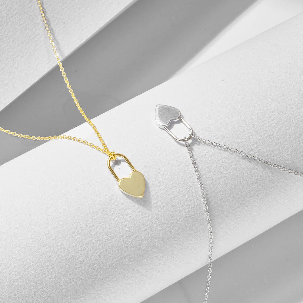 S925 Sterling Silver Minimalist Geometric Love Lock Necklace Small Fresh And Sweet