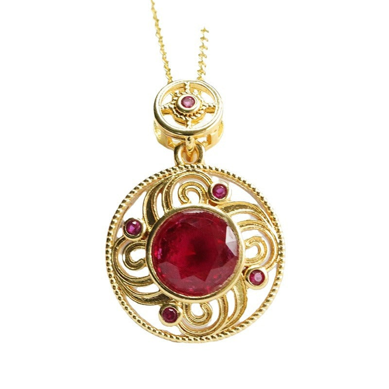 Lab-Grown Ruby Patterned Round Pendant — No Chain