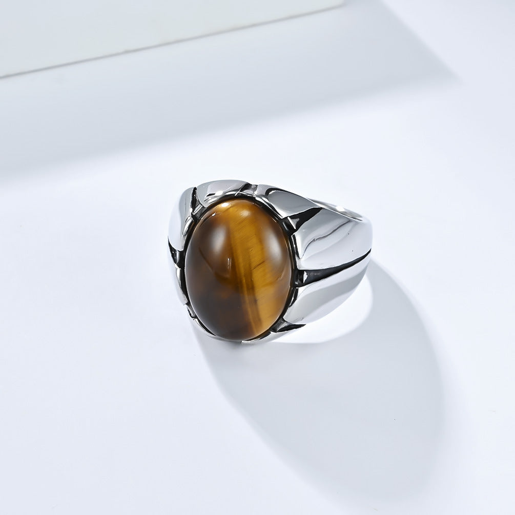 Planderful Everyday Genie Men's Tiger's Eye Stainless Steel Ring Oval Egg Shaped Black Gemstone For Men